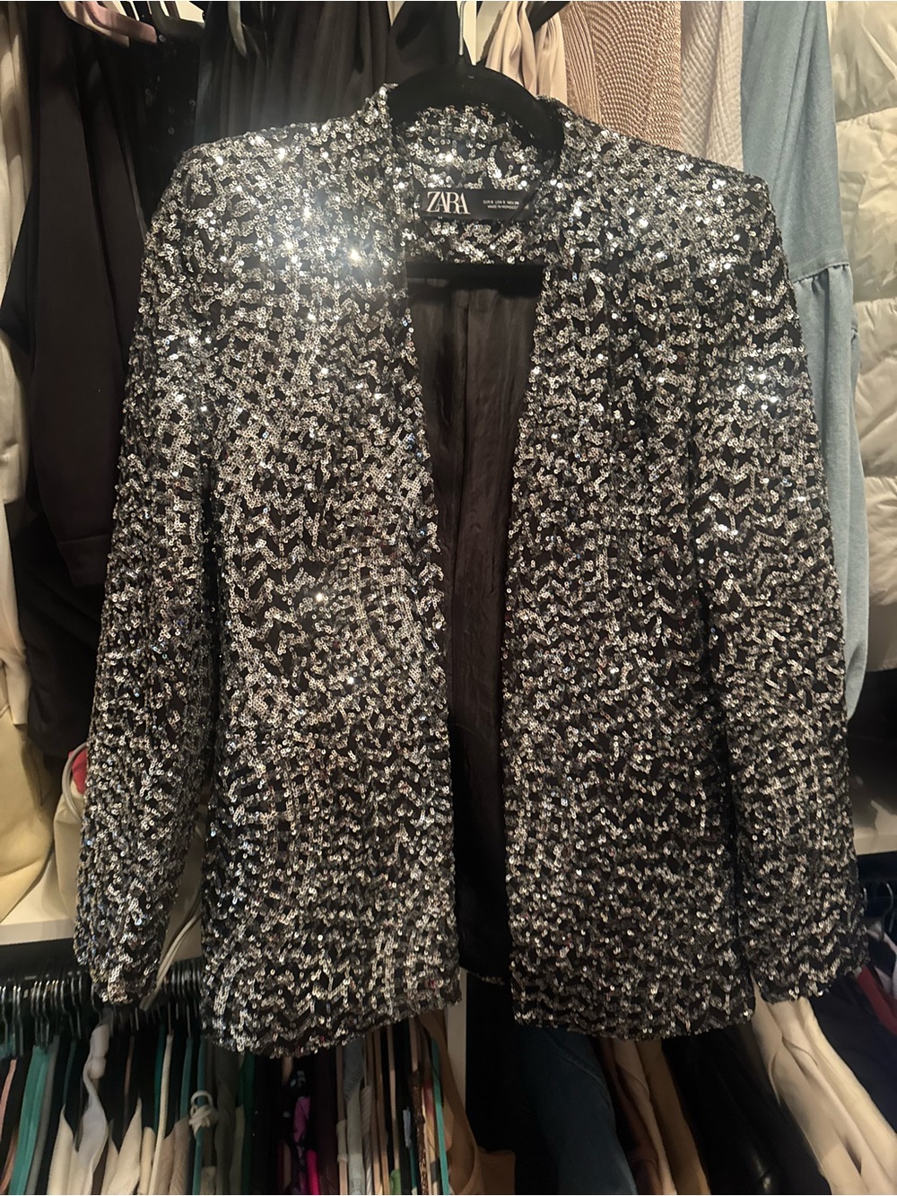 ZARA Black & Silver Sequin Open Blazer